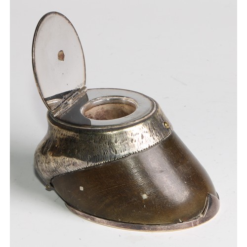 2729 - Rowland Ward & Co - a Victorian E.P.N.S mounted taxidermy horse hoof inkwell, the hinged cover inscr... 