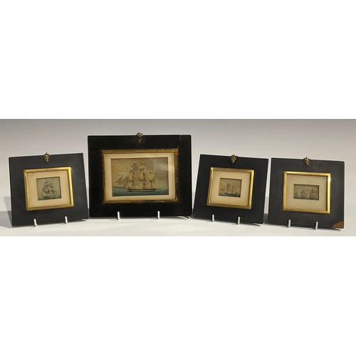 2572 - A suite of four 19th century maritime watercolour miniatures, painted with Man O' War ships at sea, ... 