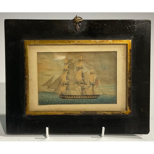 2572 - A suite of four 19th century maritime watercolour miniatures, painted with Man O' War ships at sea, ... 