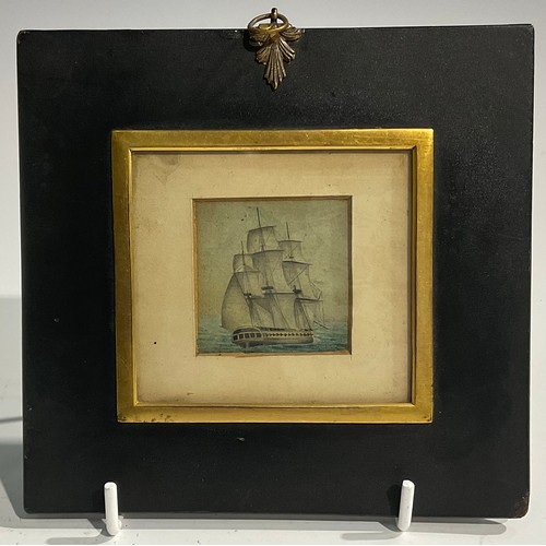 2572 - A suite of four 19th century maritime watercolour miniatures, painted with Man O' War ships at sea, ... 