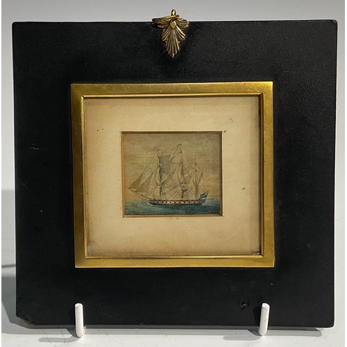 2572 - A suite of four 19th century maritime watercolour miniatures, painted with Man O' War ships at sea, ... 