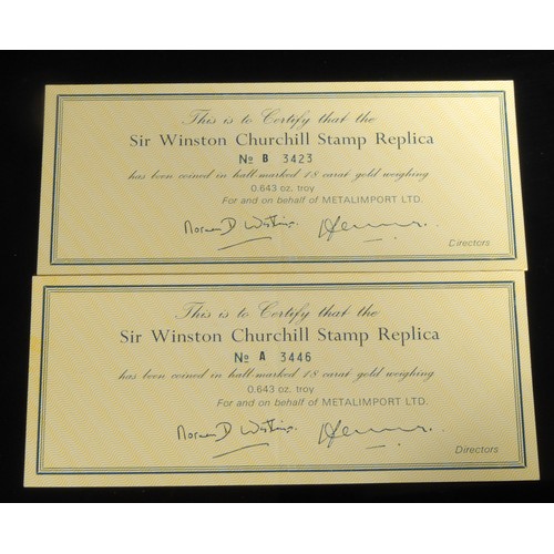 1417 - A pair of 18ct gold Sir Winston Churchill stamp replicas, numbered 3446 and 3423, 4.2cm wide 40g, ca... 