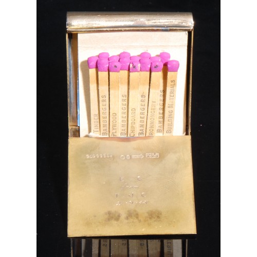 2278 - An unusual rectangular 9ct gold book match case, hinged to access the match, engine turned, 33.2g, 6... 