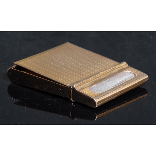 2278 - An unusual rectangular 9ct gold book match case, hinged to access the match, engine turned, 33.2g, 6... 