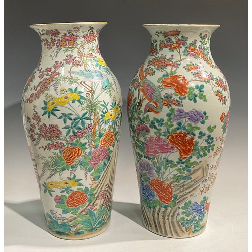 475 - A pair of large Japanese inverted baluster vases, decorated in the Chinese manner with exotic birds ... 