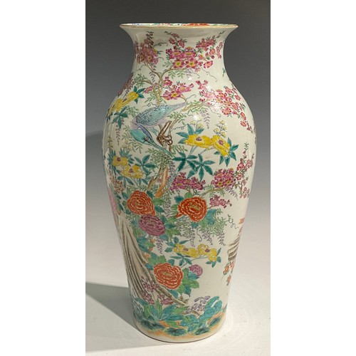 475 - A pair of large Japanese inverted baluster vases, decorated in the Chinese manner with exotic birds ... 