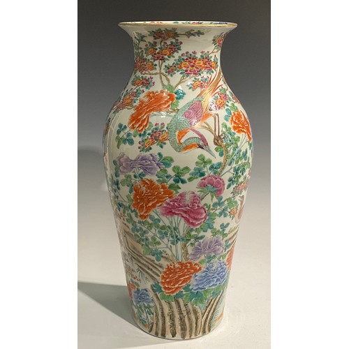 475 - A pair of large Japanese inverted baluster vases, decorated in the Chinese manner with exotic birds ... 