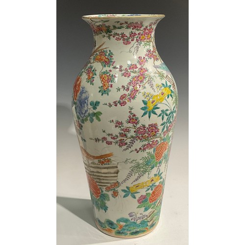 475 - A pair of large Japanese inverted baluster vases, decorated in the Chinese manner with exotic birds ... 