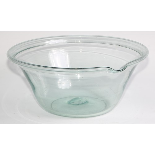 2456 - A George III aqua glass cream separator, folded rim, pontil mark, 32cm diameter x 13cm high