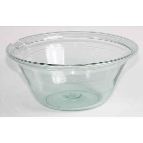 2456 - A George III aqua glass cream separator, folded rim, pontil mark, 32cm diameter x 13cm high