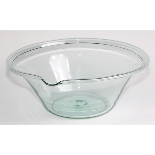 2455 - A George III aqua glass cream separator, folded rim, ground pontil mark, 33cm diameter x 13cm high