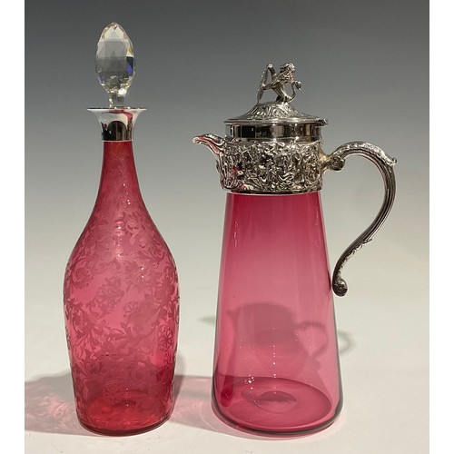 316 - A George III cranberry glass decanter, etched with scrolling foliage, silver collar, 31.5cm high ove... 