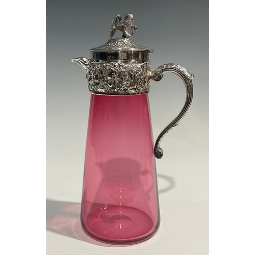 316 - A George III cranberry glass decanter, etched with scrolling foliage, silver collar, 31.5cm high ove... 