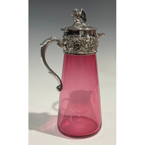 316 - A George III cranberry glass decanter, etched with scrolling foliage, silver collar, 31.5cm high ove... 