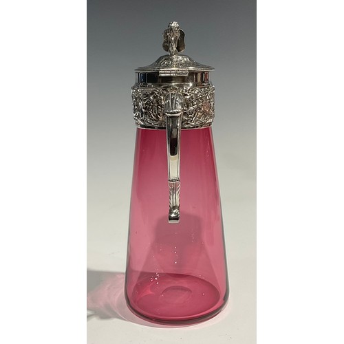 316 - A George III cranberry glass decanter, etched with scrolling foliage, silver collar, 31.5cm high ove... 