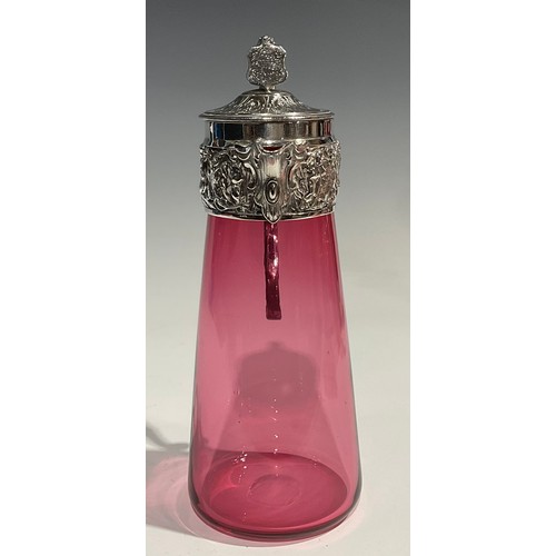 316 - A George III cranberry glass decanter, etched with scrolling foliage, silver collar, 31.5cm high ove... 