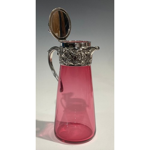 316 - A George III cranberry glass decanter, etched with scrolling foliage, silver collar, 31.5cm high ove... 