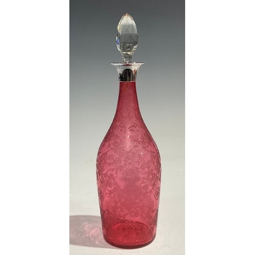 316 - A George III cranberry glass decanter, etched with scrolling foliage, silver collar, 31.5cm high ove... 