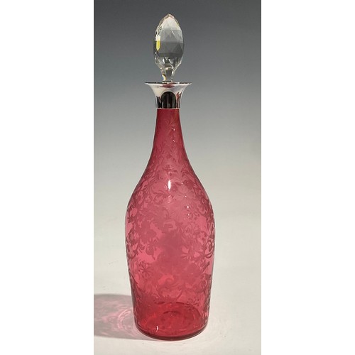 316 - A George III cranberry glass decanter, etched with scrolling foliage, silver collar, 31.5cm high ove... 