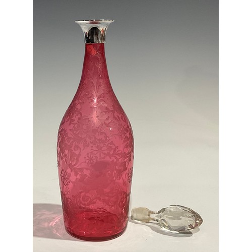 316 - A George III cranberry glass decanter, etched with scrolling foliage, silver collar, 31.5cm high ove... 