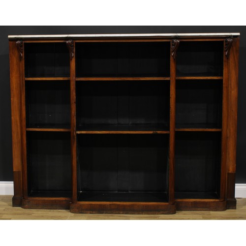 2602 - A Victorian rosewood open bookcase, marble top above an arrangement of adjustable shelves, divided a... 