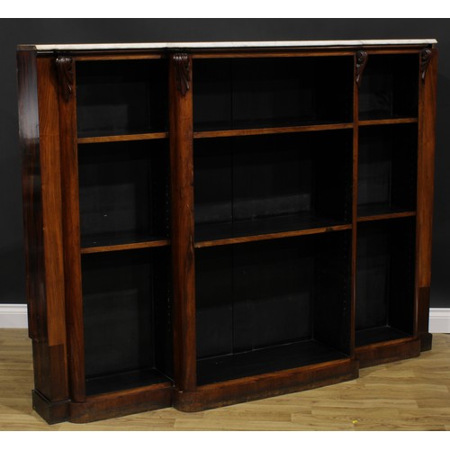 2602 - A Victorian rosewood open bookcase, marble top above an arrangement of adjustable shelves, divided a... 