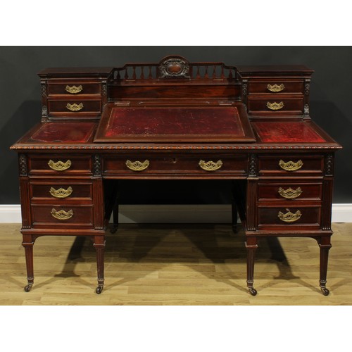 1955 - A late Victorian mahogany twin pedestal Dickens desk, shaped superstructure with hinged covered comp... 