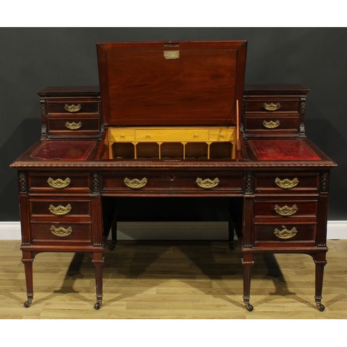 1955 - A late Victorian mahogany twin pedestal Dickens desk, shaped superstructure with hinged covered comp... 