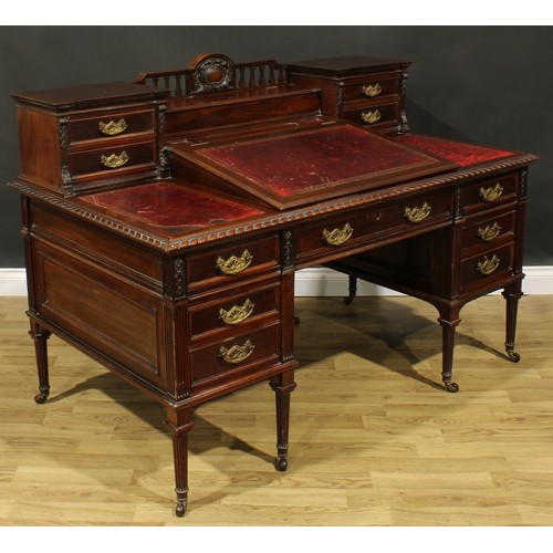 1955 - A late Victorian mahogany twin pedestal Dickens desk, shaped superstructure with hinged covered comp... 