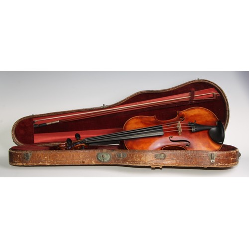 1875 - An Austrian violin, the one-piece back 60cm excluding button, paper label, Martinus Stoss, fecit Vie... 