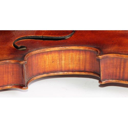 1875 - An Austrian violin, the one-piece back 60cm excluding button, paper label, Martinus Stoss, fecit Vie... 