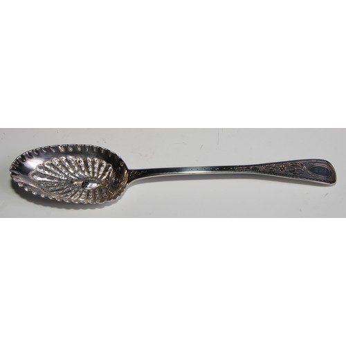 800 - A set of four George III silver Old English pattern berry spoons, the bowls unusually chased with pe... 