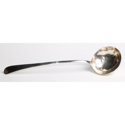 795 - A Portuguese silver soup ladle, 32cm long, monogram maker's mark, Porto, 19th century