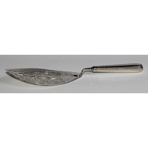 788 - A George III silver fish slice, the navette shaped blade pierced in the Neo-Classical taste, beaded ... 