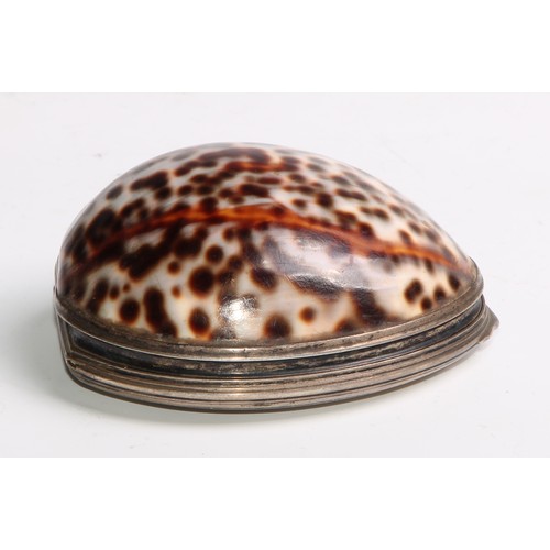 928 - A George III silver mounted cowrie shell snuff box, hinged cover to base, gilt interior, maker's mar... 