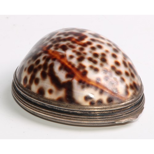 928 - A George III silver mounted cowrie shell snuff box, hinged cover to base, gilt interior, maker's mar... 