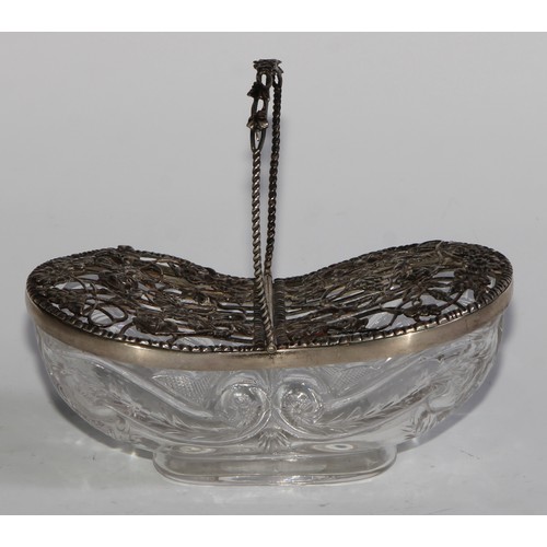 1158 - An Edwardian silver and clear glass novelty pot pourri trug, twin-hinged covers with wirework roses,... 