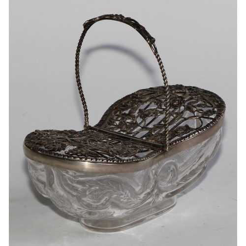 1158 - An Edwardian silver and clear glass novelty pot pourri trug, twin-hinged covers with wirework roses,... 