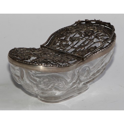 1158 - An Edwardian silver and clear glass novelty pot pourri trug, twin-hinged covers with wirework roses,... 