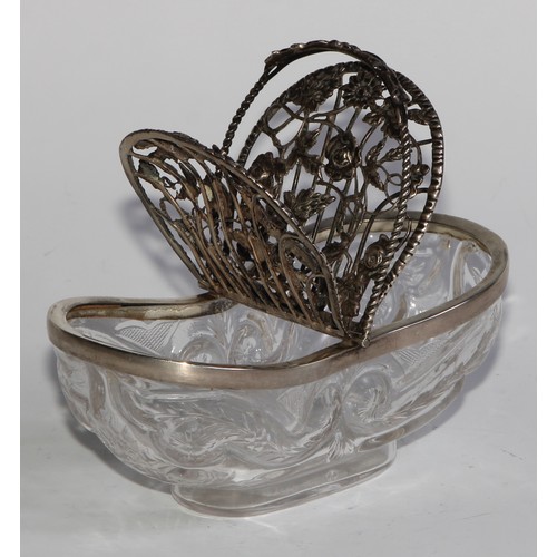 1158 - An Edwardian silver and clear glass novelty pot pourri trug, twin-hinged covers with wirework roses,... 