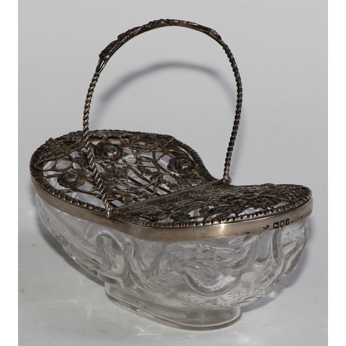 1158 - An Edwardian silver and clear glass novelty pot pourri trug, twin-hinged covers with wirework roses,... 