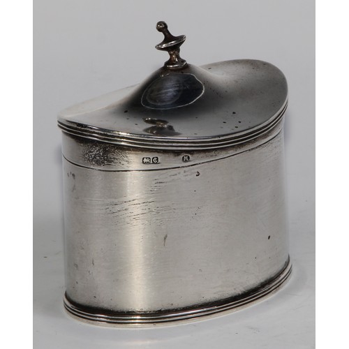 968 - A George V silver oval oval tea caddy, hinged cover with urnular finial, 9cm wide, Stokes & Ireland,... 