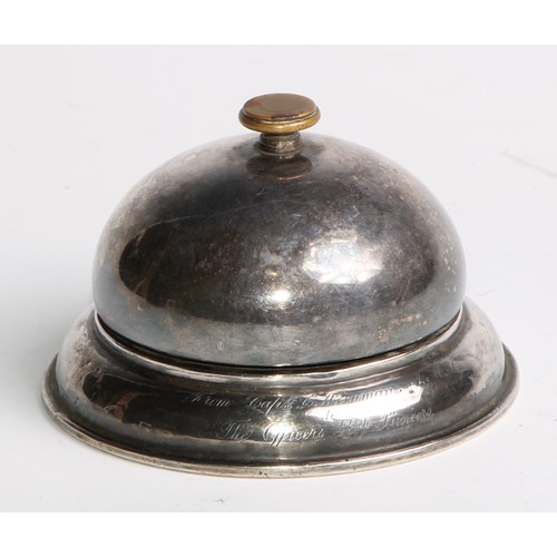 1163 - An Edwardian silver desk or counter bell, of military interest, inscribed From Capt. C Weinman to Th... 