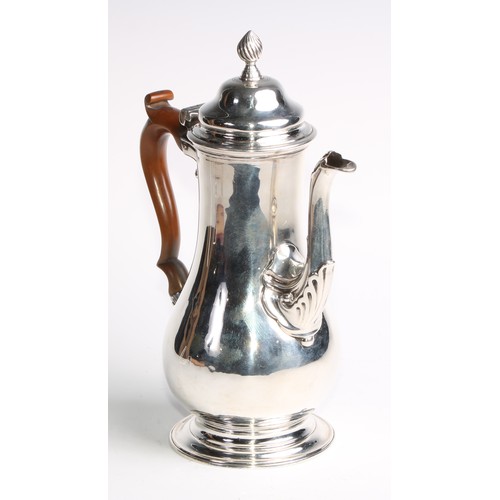 1149 - An early George III silver baluster pedestal coffee pot, hinged domed cover with spiral knop finial,... 