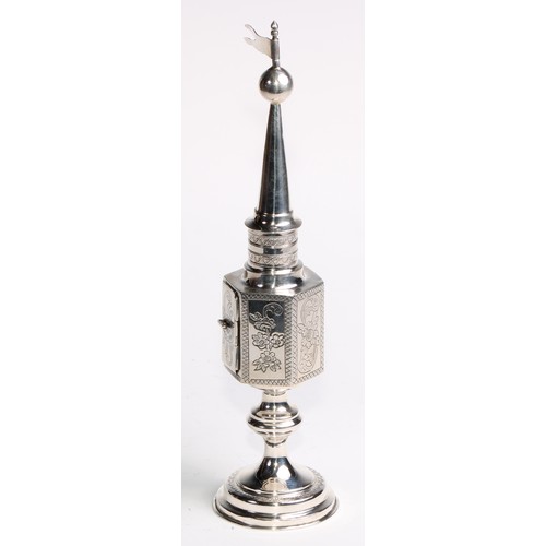 1217 - Judaica - a Russian silver Jewish spice tower, engraved with flowers within hatched borders, domed c... 