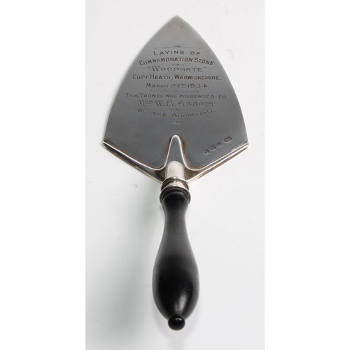 970 - A George V silver presentation trowel, inscribed Laying of the Commemoration Stone, Woodgate, Copt H... 