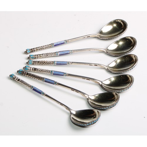 1059 - A set of six Russian silver and champleve enamel spoons, decorated in polychrome with flowers and sc... 