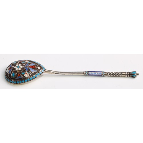 1059 - A set of six Russian silver and champleve enamel spoons, decorated in polychrome with flowers and sc... 