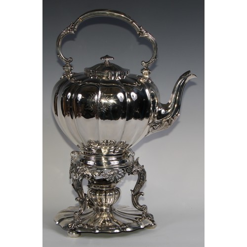 991 - A large early Victorian Rococo Revival silver melon shaped tea kettle, stand and burner, swing handl... 