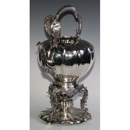 991 - A large early Victorian Rococo Revival silver melon shaped tea kettle, stand and burner, swing handl... 